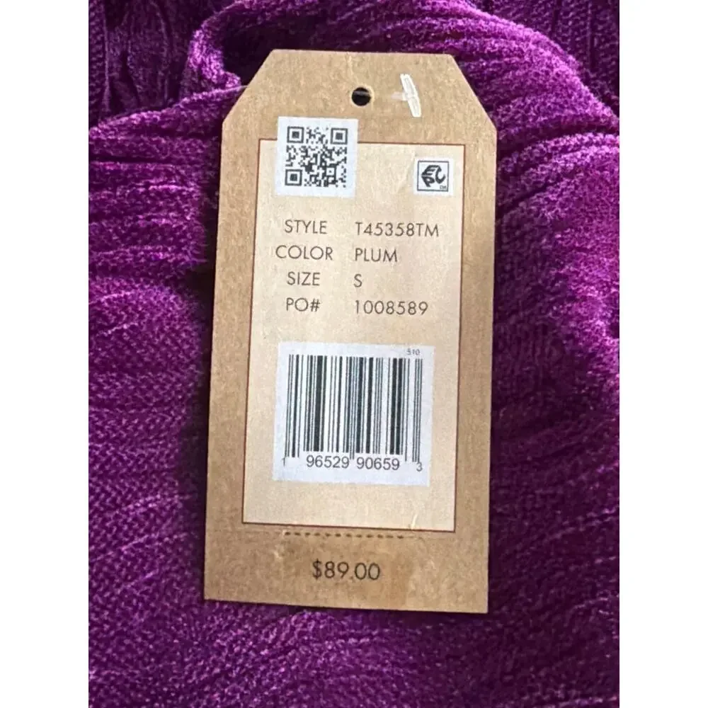 Tru Luxe Crinkle Velvet Top Round Neck with Bow Tie in Plum Women's Small NEW
